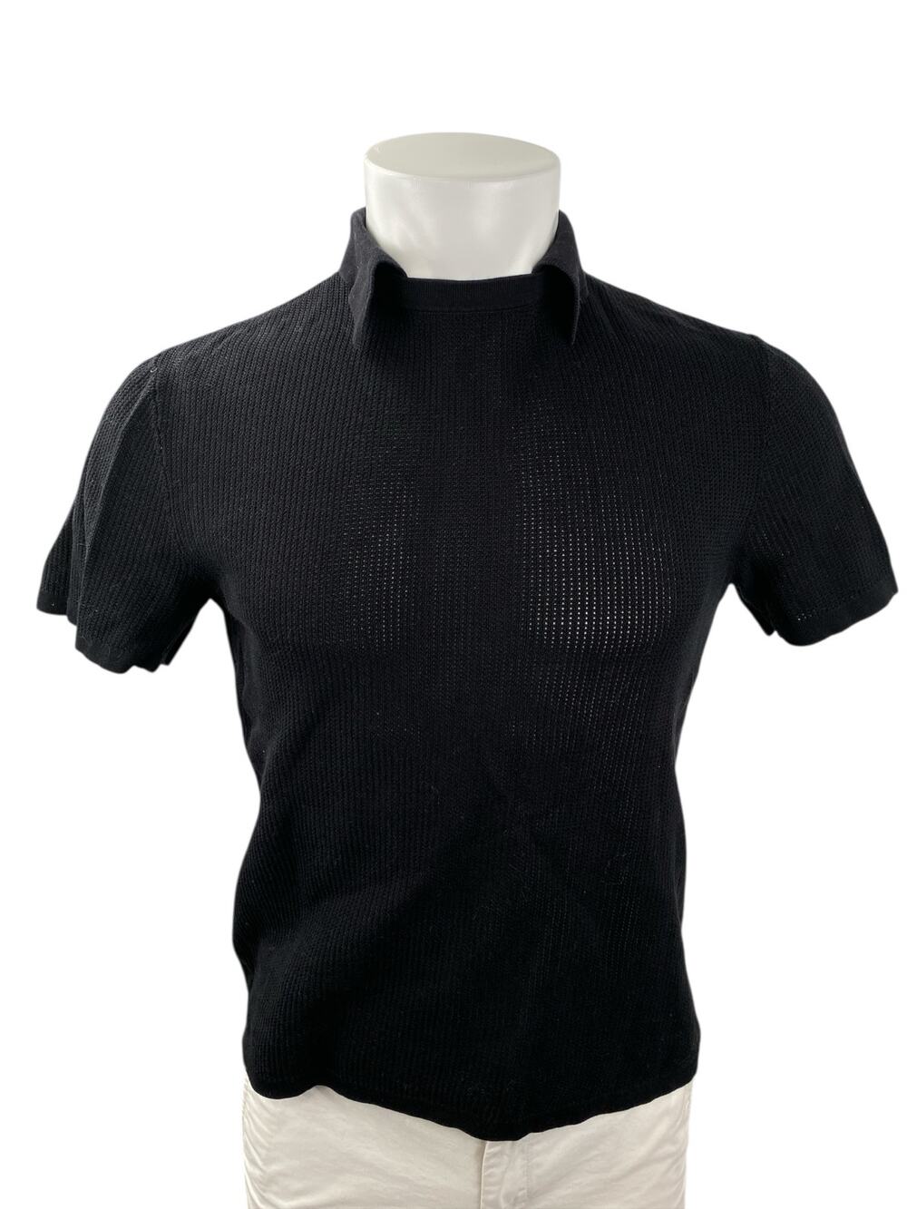 COS Men's Black Crochet Knit Collared High Neck Short Sleeve Polo Sweater Top S